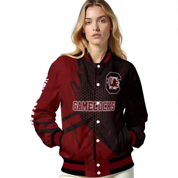 personalized south carolina gamecocks hexagon mesh garnet black varsity jacket latest model.webp