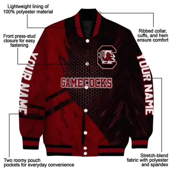 personalized south carolina gamecocks hexagon mesh garnet black varsity jacket new arrival.webp
