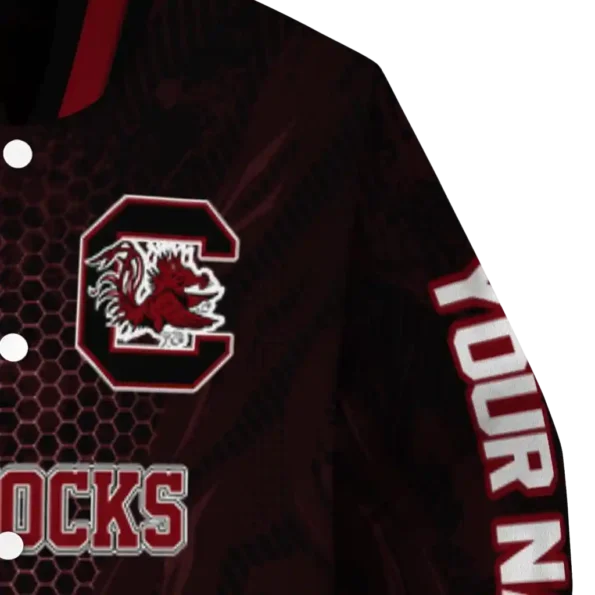 personalized south carolina gamecocks hexagon mesh garnet black varsity jacket premium grade.webp