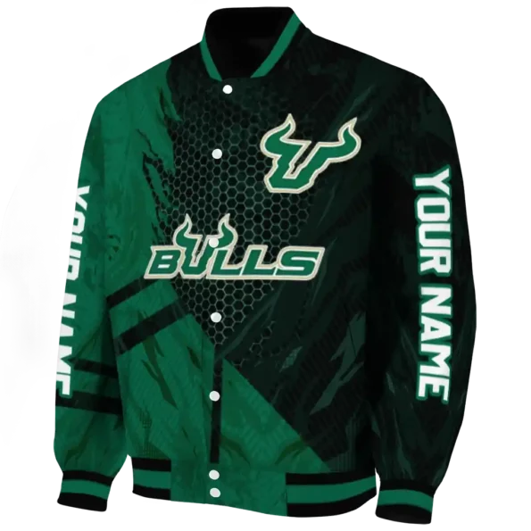 personalized south florida bulls hexagon mesh green black varsity jacket best selling.webp