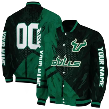 personalized south florida bulls hexagon mesh green black varsity jacket fashion forward.webp
