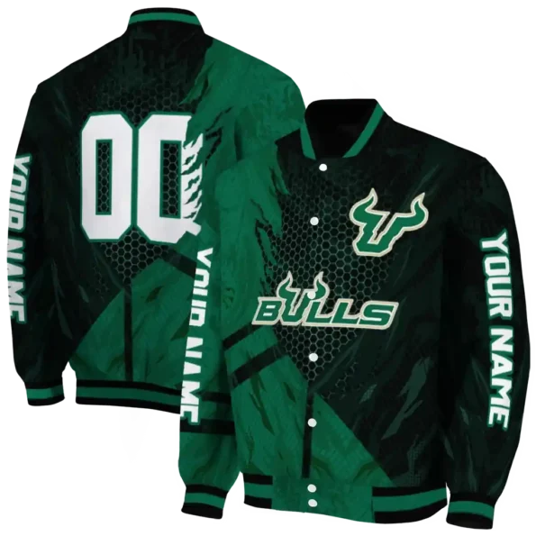 personalized south florida bulls hexagon mesh green black varsity jacket fashion forward.webp