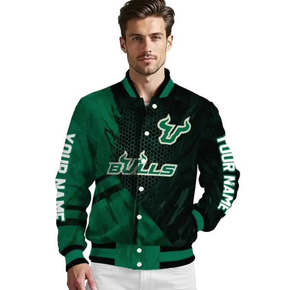 personalized south florida bulls hexagon mesh green black varsity jacket high quality.webp