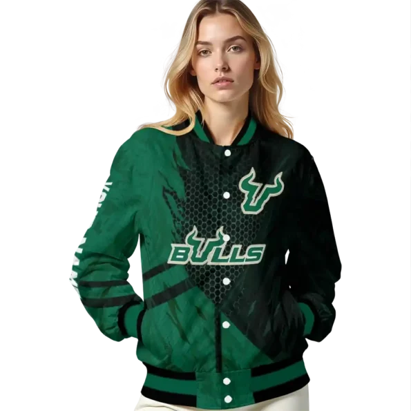 personalized south florida bulls hexagon mesh green black varsity jacket latest model.webp