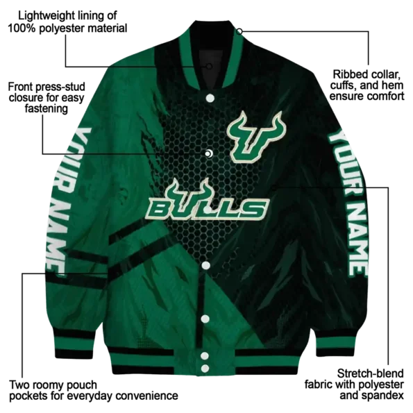 personalized south florida bulls hexagon mesh green black varsity jacket new arrival.webp