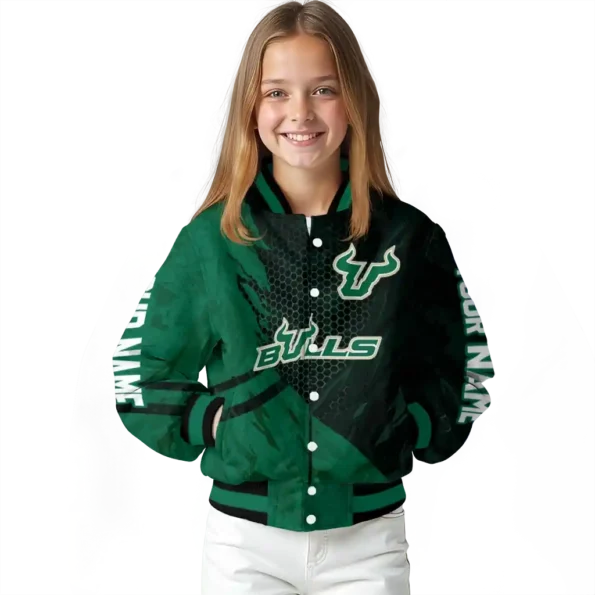 personalized south florida bulls hexagon mesh green black varsity jacket top rated.webp