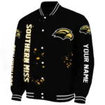 personalized southern miss golden eagles hexagon cluster black varsity jacket best selling.webp