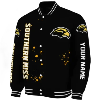 personalized southern miss golden eagles hexagon cluster black varsity jacket best selling.webp