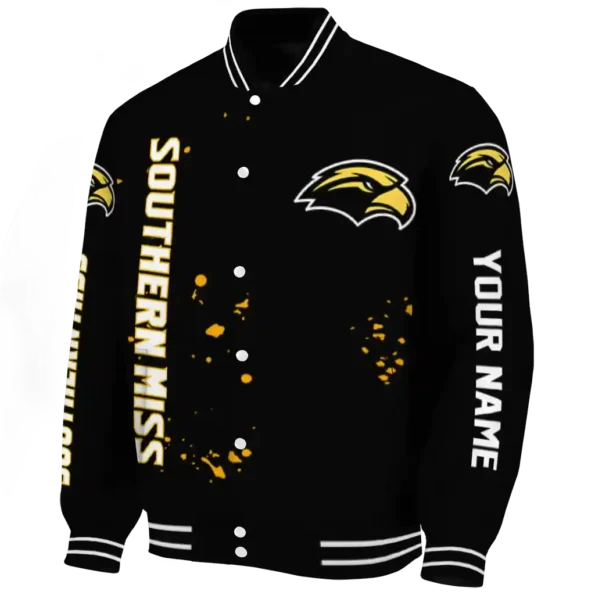 personalized southern miss golden eagles hexagon cluster black varsity jacket best selling.webp