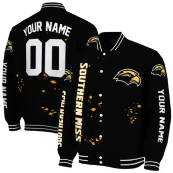 personalized southern miss golden eagles hexagon cluster black varsity jacket fashion forward.webp