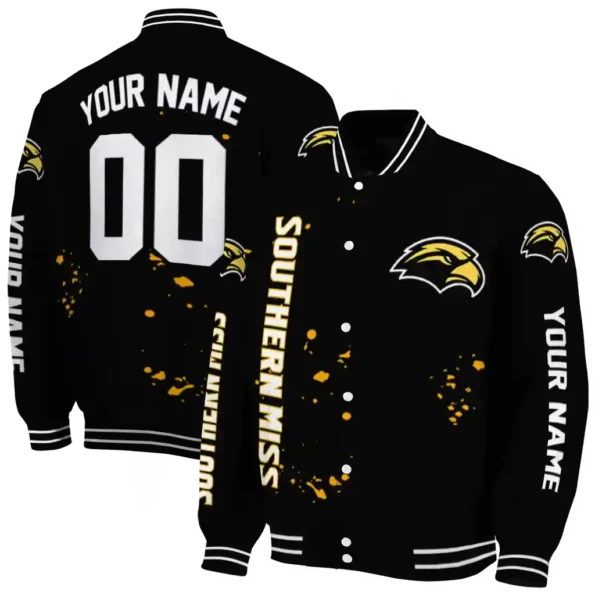 personalized southern miss golden eagles hexagon cluster black varsity jacket fashion forward.webp