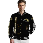 personalized southern miss golden eagles hexagon cluster black varsity jacket best selling.webp