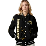 personalized southern miss golden eagles hexagon cluster black varsity jacket best selling.webp