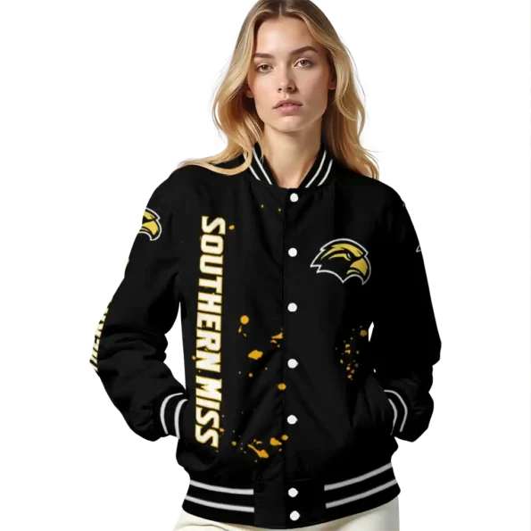 personalized southern miss golden eagles hexagon cluster black varsity jacket latest model.webp
