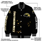 personalized southern miss golden eagles hexagon cluster black varsity jacket best selling.webp
