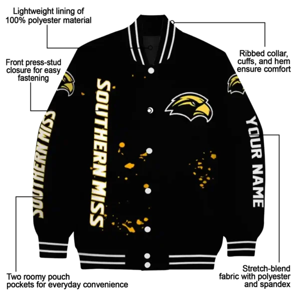 personalized southern miss golden eagles hexagon cluster black varsity jacket new arrival.webp
