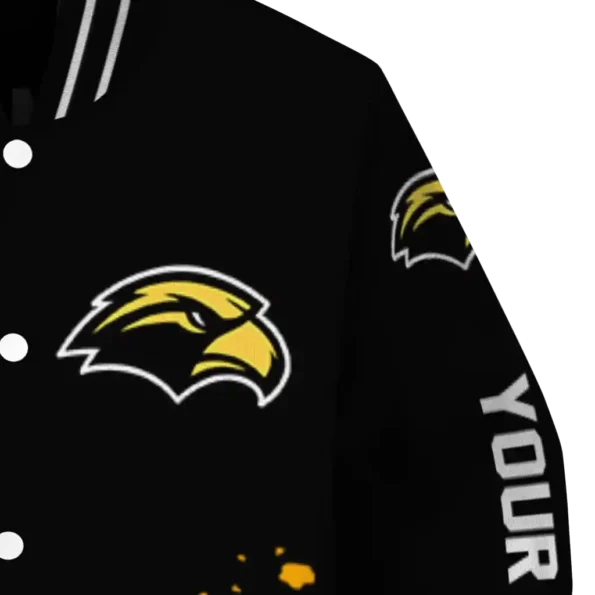 personalized southern miss golden eagles hexagon cluster black varsity jacket premium grade.webp
