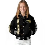 personalized southern miss golden eagles hexagon cluster black varsity jacket best selling.webp