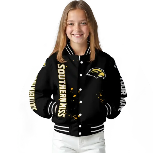 personalized southern miss golden eagles hexagon cluster black varsity jacket top rated.webp
