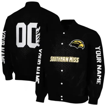 personalized southern miss golden eagles hexagon mesh black varsity jacket fashion forward.webp