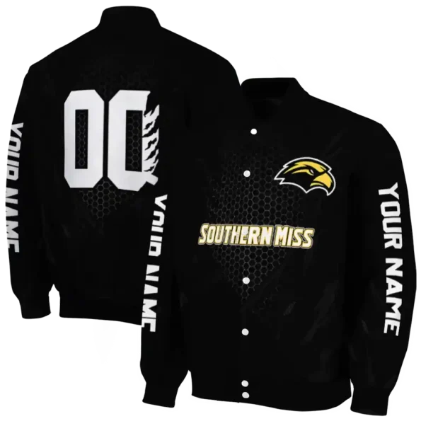 personalized southern miss golden eagles hexagon mesh black varsity jacket fashion forward.webp