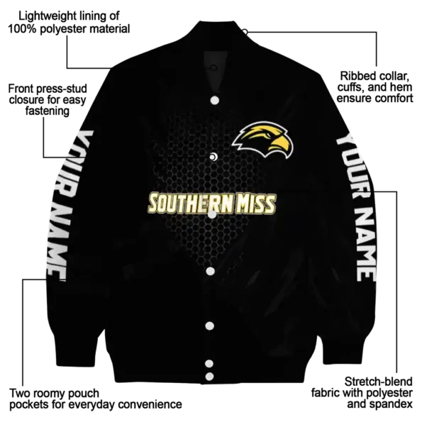 personalized southern miss golden eagles hexagon mesh black varsity jacket new arrival.webp