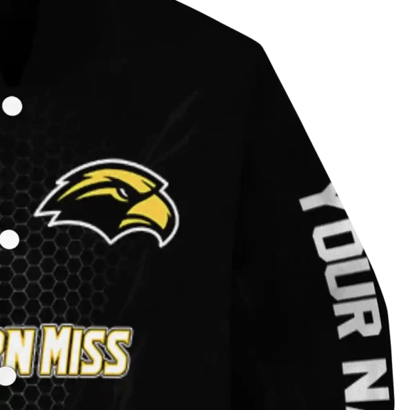 personalized southern miss golden eagles hexagon mesh black varsity jacket premium grade.webp