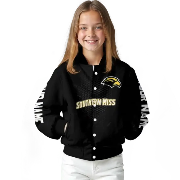 personalized southern miss golden eagles hexagon mesh black varsity jacket top rated.webp