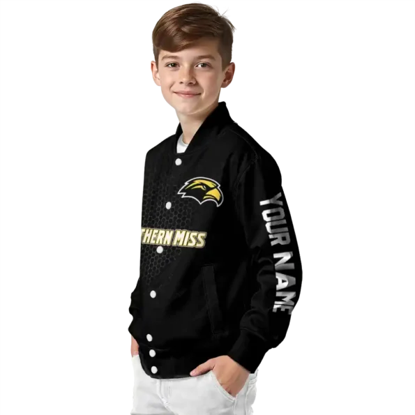 personalized southern miss golden eagles hexagon mesh black varsity jacket trendy.webp
