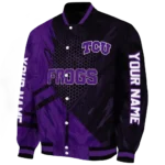 personalized tcu horned frogs hexagon mesh purple black varsity jacket best selling.webp