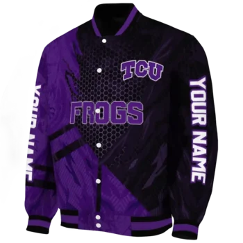 personalized tcu horned frogs hexagon mesh purple black varsity jacket best selling.webp