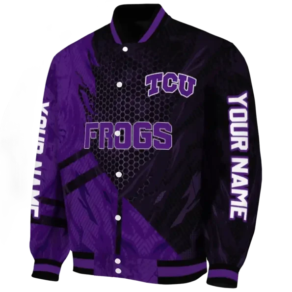 personalized tcu horned frogs hexagon mesh purple black varsity jacket best selling.webp