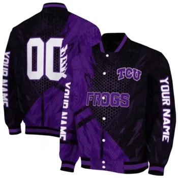 personalized tcu horned frogs hexagon mesh purple black varsity jacket fashion forward.webp