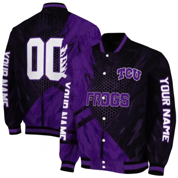 personalized tcu horned frogs hexagon mesh purple black varsity jacket fashion forward.webp