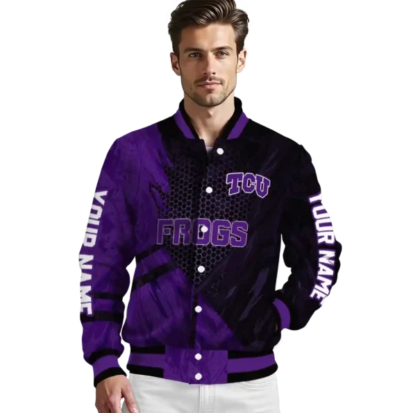 personalized tcu horned frogs hexagon mesh purple black varsity jacket high quality.webp