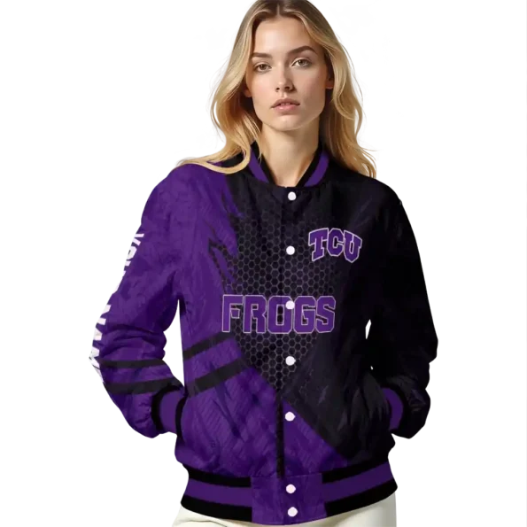personalized tcu horned frogs hexagon mesh purple black varsity jacket latest model.webp