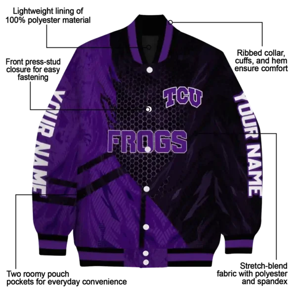 personalized tcu horned frogs hexagon mesh purple black varsity jacket new arrival.webp