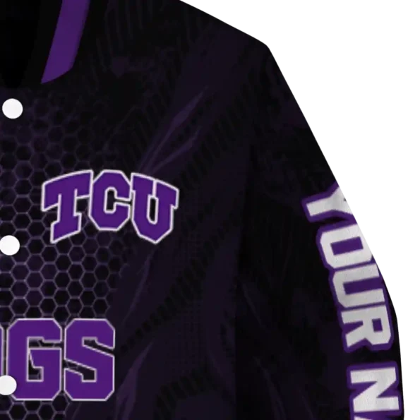personalized tcu horned frogs hexagon mesh purple black varsity jacket premium grade.webp