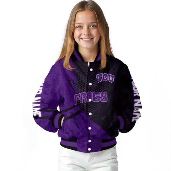 personalized tcu horned frogs hexagon mesh purple black varsity jacket top rated.webp