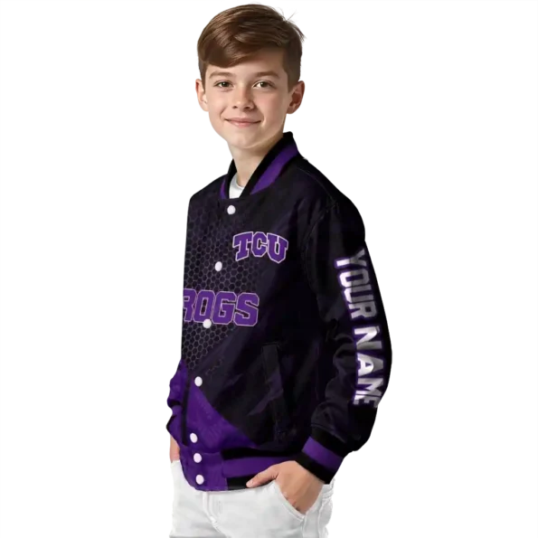 personalized tcu horned frogs hexagon mesh purple black varsity jacket trendy.webp