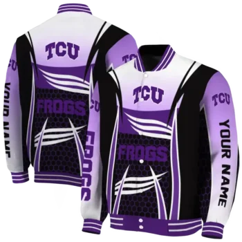 personalized tcu horned frogs mesh effect purple black varsity jacket fashion forward.webp