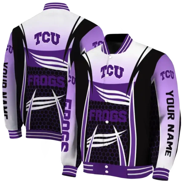 personalized tcu horned frogs mesh effect purple black varsity jacket fashion forward.webp