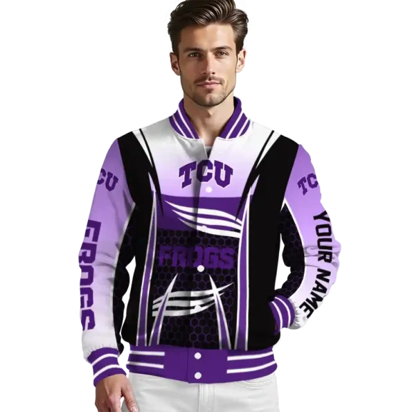 personalized tcu horned frogs mesh effect purple black varsity jacket high quality.webp