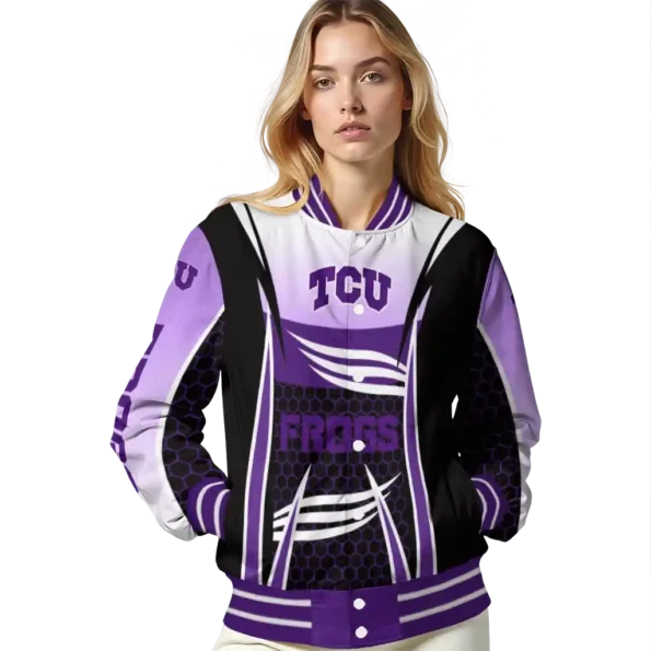 personalized tcu horned frogs mesh effect purple black varsity jacket latest model.webp