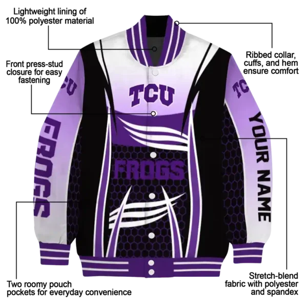 personalized tcu horned frogs mesh effect purple black varsity jacket new arrival.webp