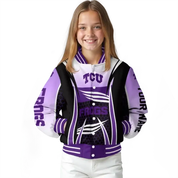 personalized tcu horned frogs mesh effect purple black varsity jacket top rated.webp