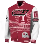 personalized temple owls ferris arena red white varsity jacket best selling.webp