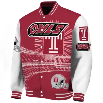 personalized temple owls ferris arena red white varsity jacket best selling.webp