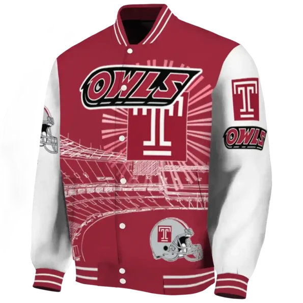 personalized temple owls ferris arena red white varsity jacket best selling.webp