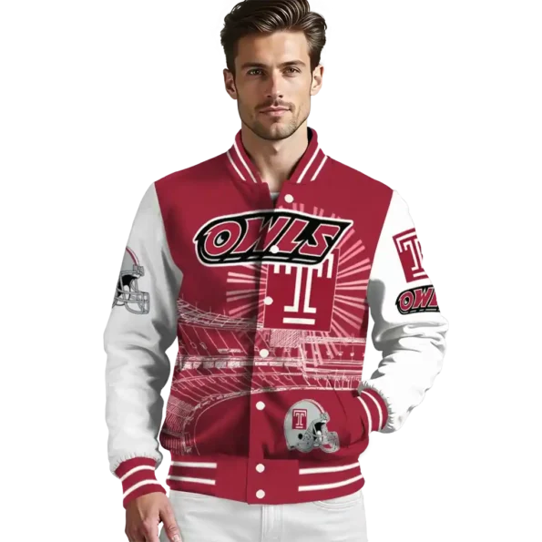 personalized temple owls ferris arena red white varsity jacket high quality.webp